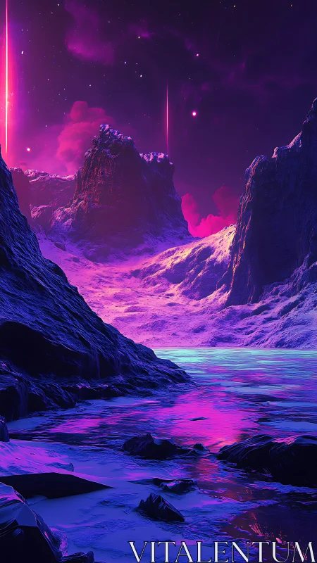 Neon alien shoreline glows under magenta cosmic sky