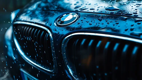 Close-up luxury car grille with rain-soaked emblem detail.