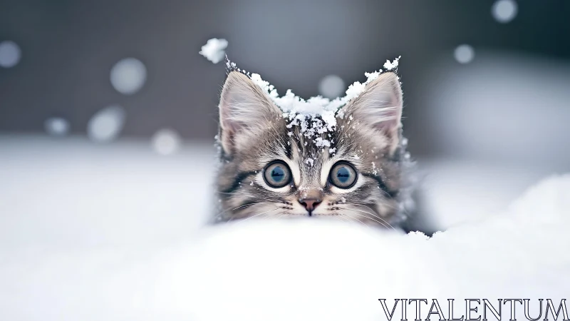 Kitten with Blue Eyes in Snow.