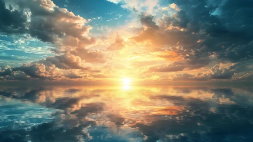 Sunset light reflects across calm ocean surface and clouds