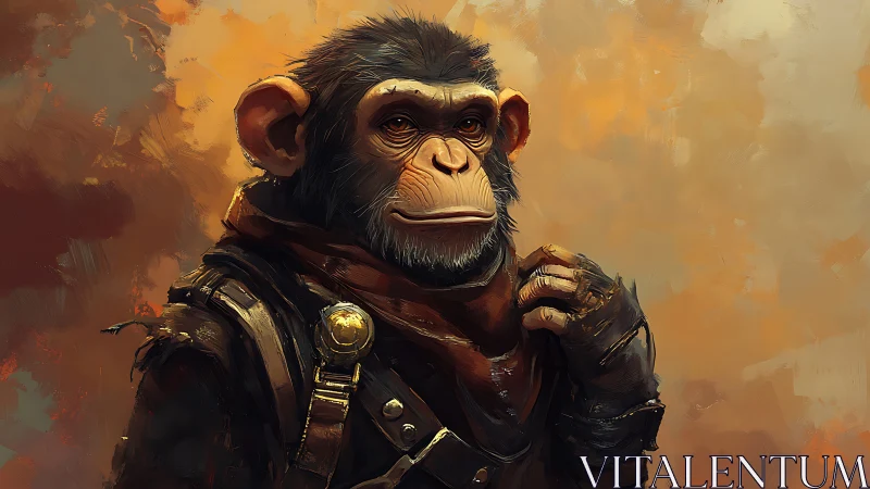 Adventurer chimp portrait in rugged leather armor.