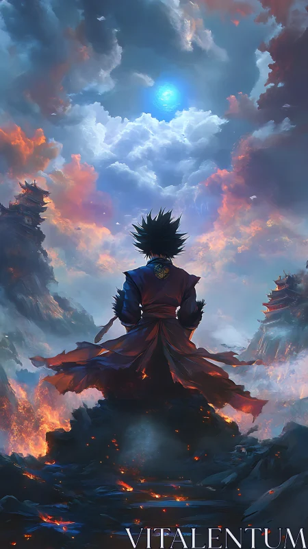 Solitary figure stands beneath luminous sky and rising clouds