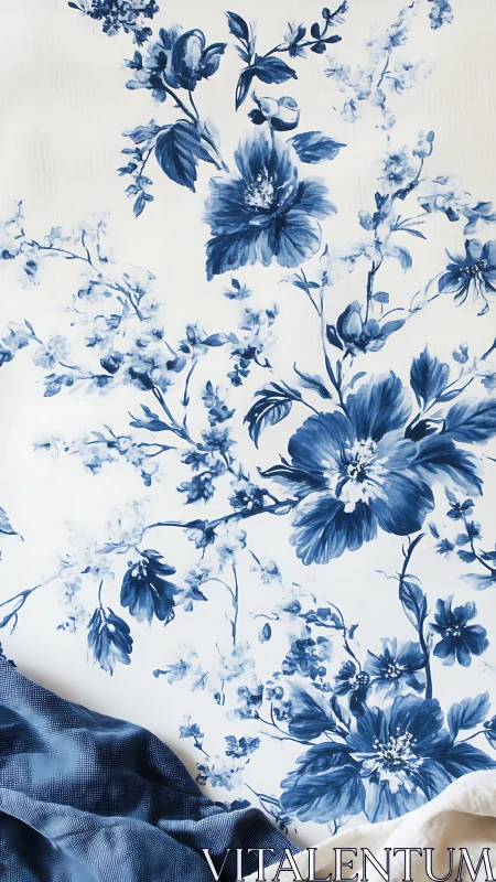 Soft blue floral blooms create a calm, elegant bedroom mood