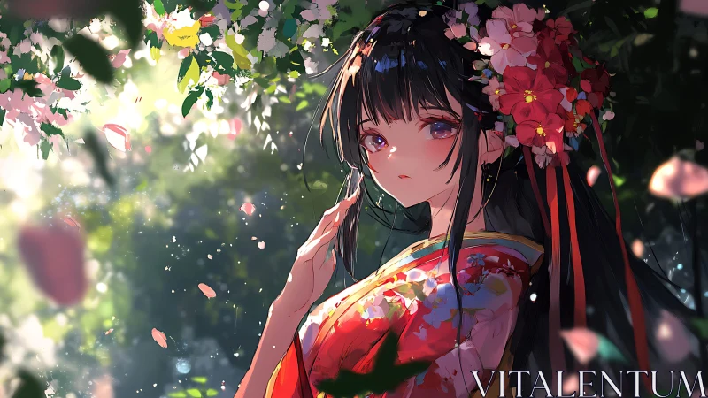 Sunlit kimono maiden beneath drifting spring blossoms.