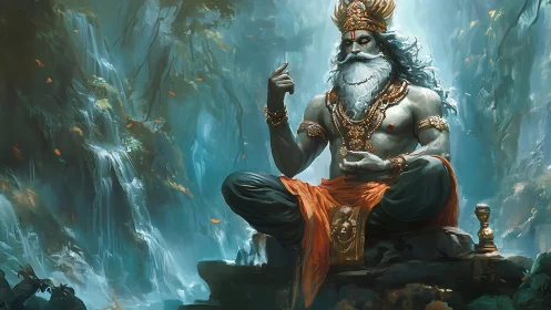 Divine sage sits in misty waterfall forest, radiating calm