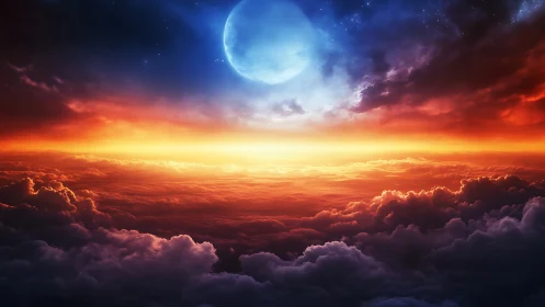 Contrasting moonlit sky and cloudscape form a dual color horizon