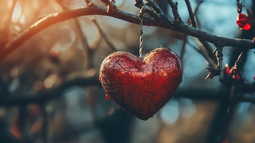 Heart Made of Light Hanging on Winter Branch.