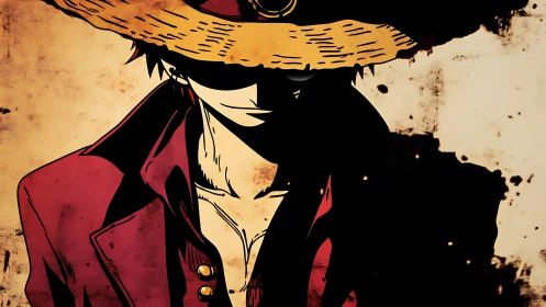 Straw hat anime figure in red coat on grunge background.