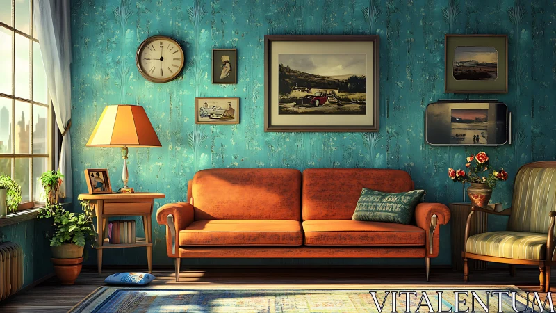 Midcentury living room rendered with warm cinematic lighting
