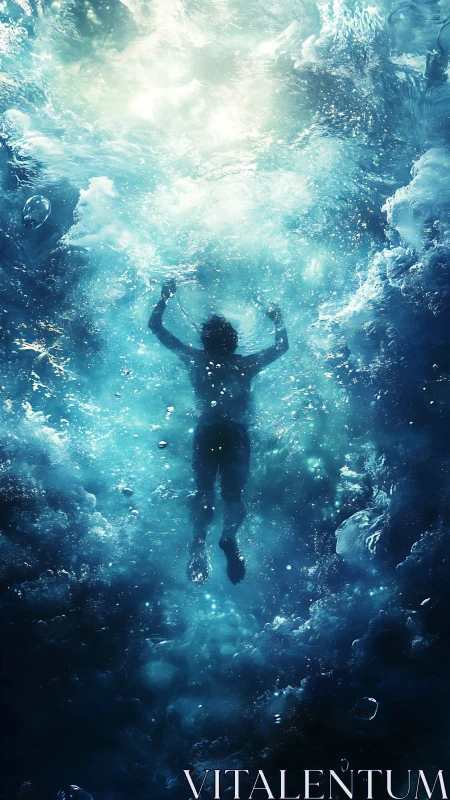 Silhouetted swimmer ascends through luminous blue water.