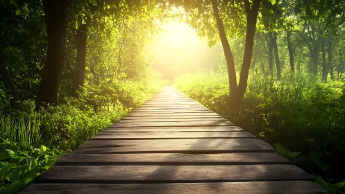 Wooden Boardwalk Receding Through Dense Forest Canopy with Backlighting