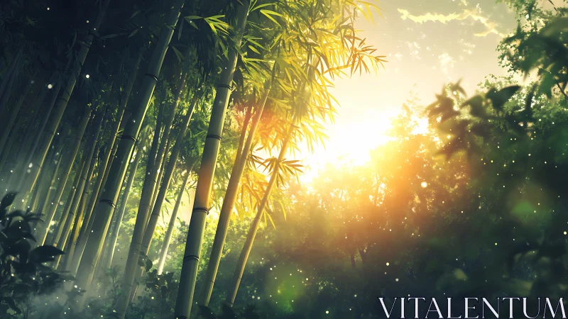 Golden sunrise filters through tranquil bamboo forest canopy