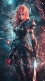 Neon storm warrior in cyberpunk armor, dynamic vertical framing.