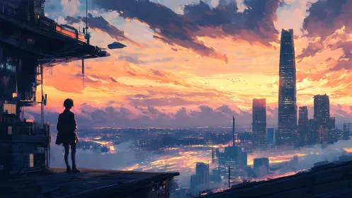 Solitary figure above neon city at blazing sunset sky.