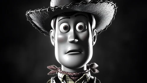 Wide-eyed cartoon cowboy in dramatic grayscale close-up.