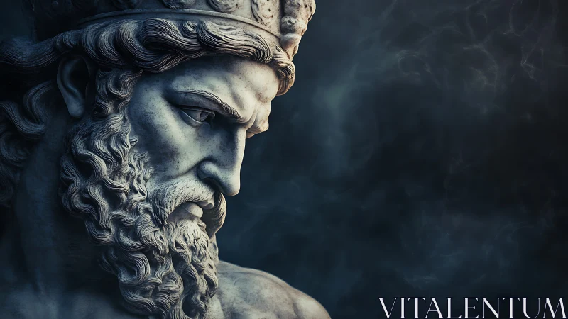 Storm-browed marble god brooding over swirling silence.