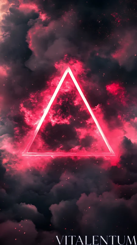 Neon triangular frame in luminous crimson cosmic cloudscape.