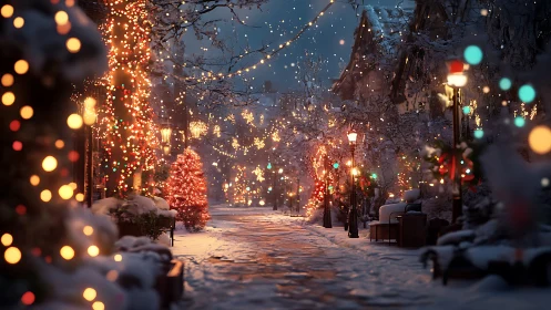 Cozy winter street glowing with twinkling holiday lights.