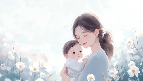 Gentle mother holding baby in soft floral meadow, pastel illustration.