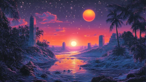 Binar sunset river under twin suns and neon starfield sky.