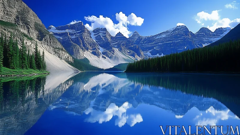 Mirror-still alpine lake reflects rugged snowcapped peaks