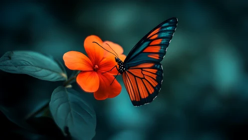 Vivid orange butterfly resting on blossom in teal bokeh field.