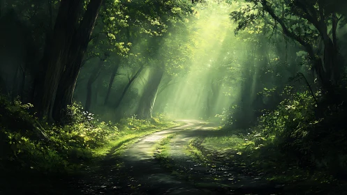 Forest Path with Atmospheric Light Rays Through Canopy.