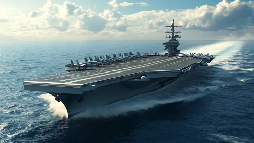 Modern aircraft carrier cuts through calm open ocean waters