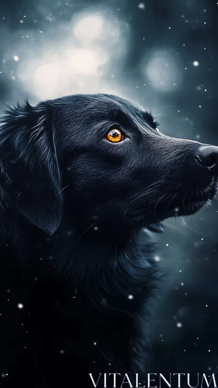 Black dog portrait in falling snow with glowing amber eye.