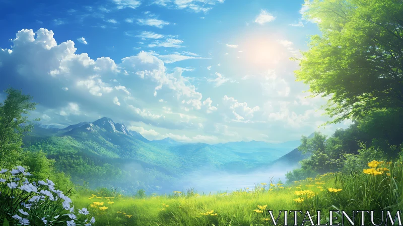 Sunlit wildflower meadow dreaming toward misty blue peaks.