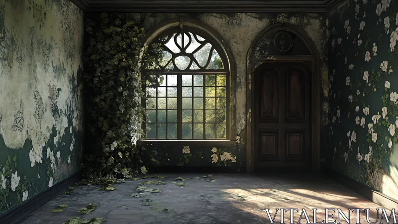 Sunlit abandoned room shows decay, overgrowth and window geometry
