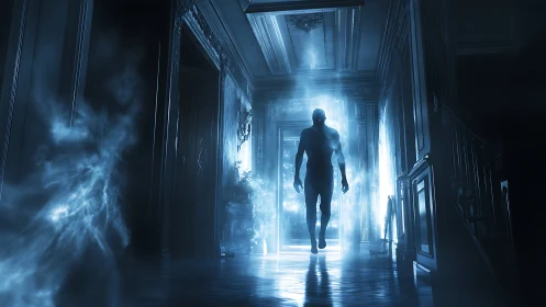 Backlit spectral figure levitates in a luminous haunted corridor