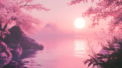 Dreamy pink lakeside sunset wrapped in cherry blossoms.