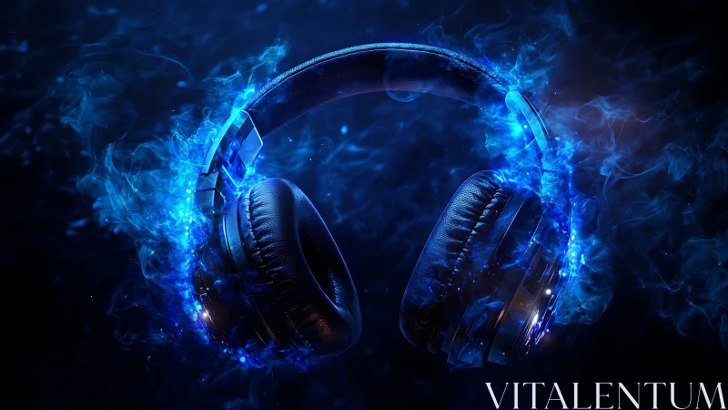 Electrifying blue headphones glow in a swirling audio dream