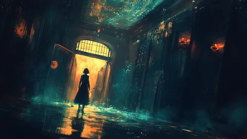 Silhouetted figure in glowing doorway of dark corridor.