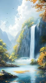 Majestic waterfall cascading into calm blue forest lake