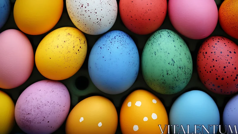 Vibrant dyed eggs arranged in a tight, top-down grid composition