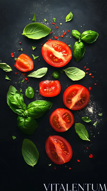 Tomato halves and basil leaves on dark kitchen surface.
