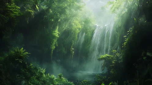 Jungle Waterfall. Cascading Water Through Verdant Canyon.