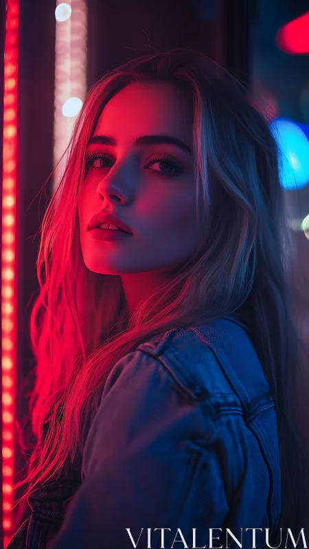 Neon hush on a midnight street, portrait in soft glow.