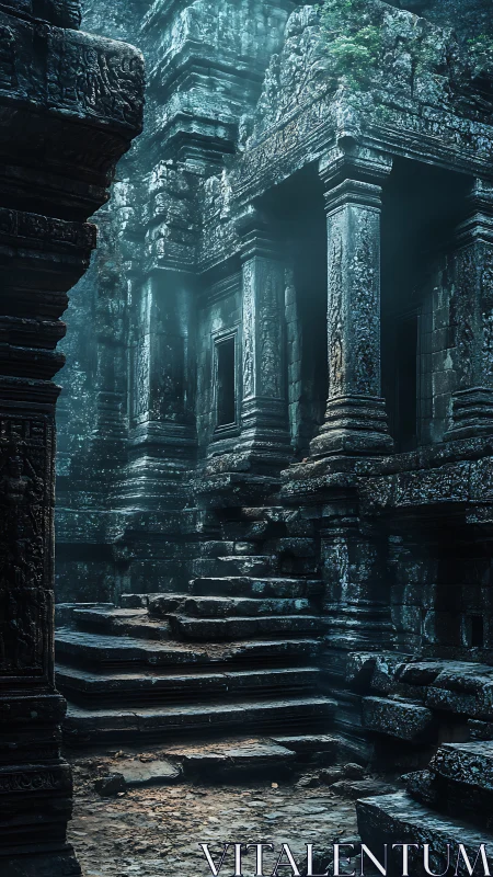 Ancient stone temple ruins with misty overgrown stairway.