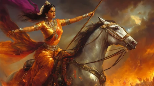 Warrior queen rides white horse through blazing battlefield.