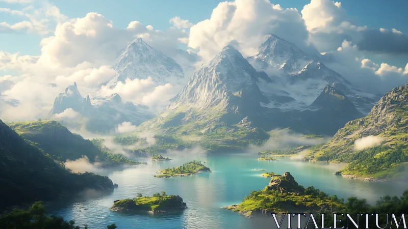 Vast turquoise lake beneath towering snowy mountains.