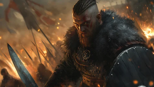War-scarred Viking warrior in ember-lit battlefield charge.
