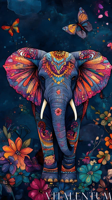 Chromatic mandala elephant with floral and lepidopteran field.