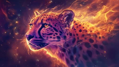 Leopard with Fiery Aura and Golden Flame Effects.