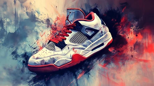 White and red sneaker with abstract paint splash backdrop.