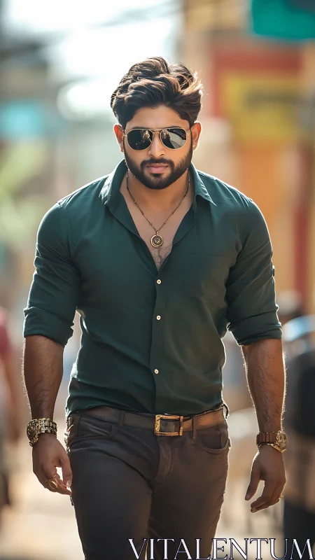 Man in green shirt walking on sunlit urban street scene.
