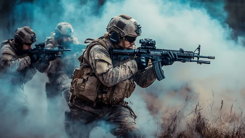 Armed soldiers advance through blue smoke in tactical drill