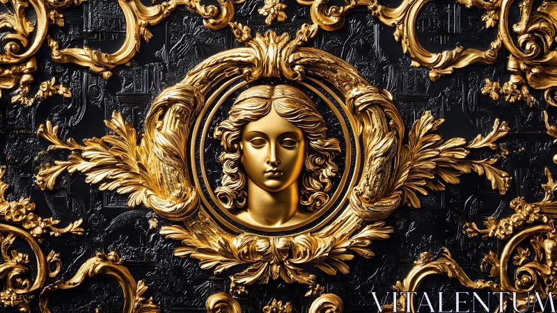 Golden lady portrait framed in ornate baroque flourishes.